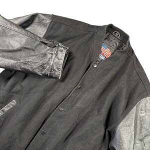 VTG Varsity Letterman Jacket Black Wool Leather Sleeves Sz L Classic Streetwear